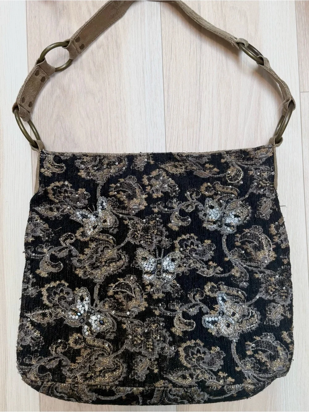 Y2K Betsey Johnson Butterfly Embellished Tapestry Hobo Bag - Picture 4 of 7